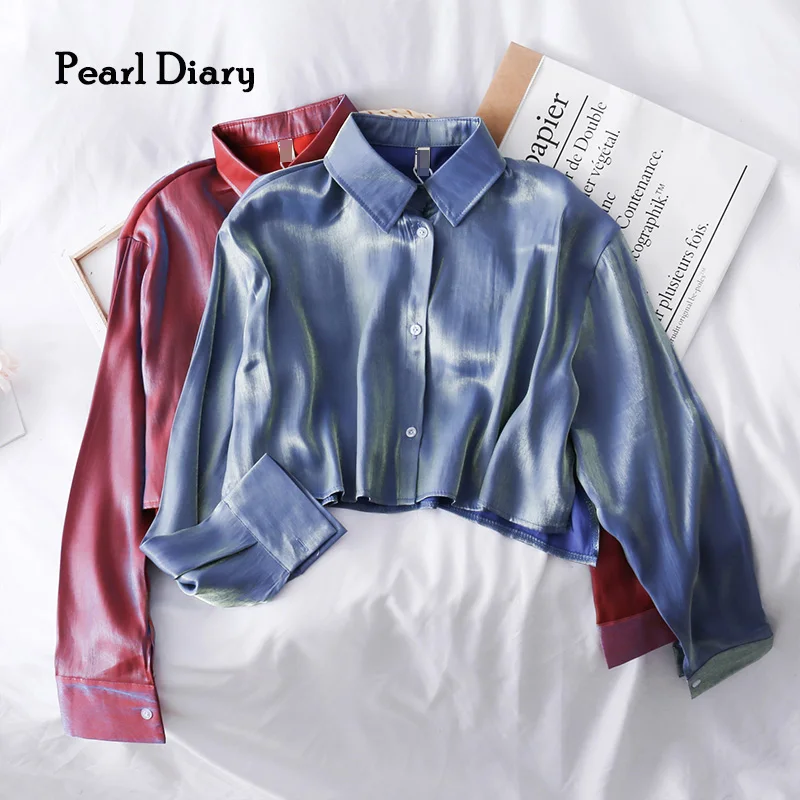 Pearl Diary Women Shiny Chiffon Blouse Solid Color Button Up Cropped Shirts Long Sleeve Casual Summer Beach Cover Chic Tops New