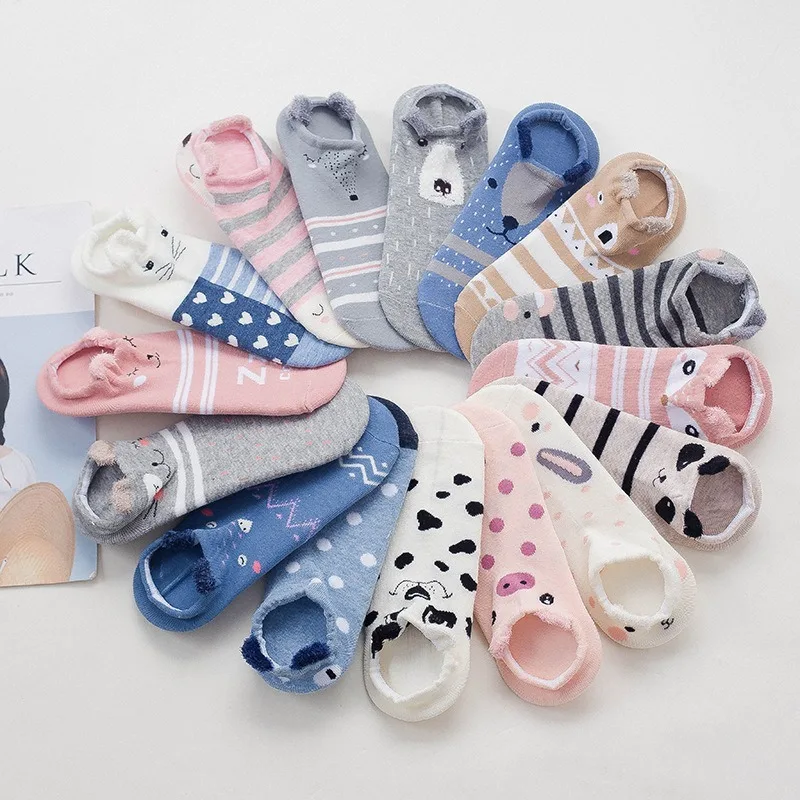 

5 Pair Women Sock Spring Summer Three-dimensional Shallow Mouth Cartoon Female Cotton Invisible Cotton Japanese Cute Animal Sock