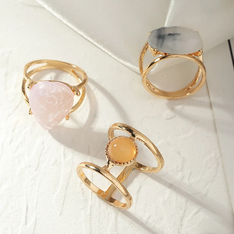 

Metal Double Crystal Wedding Bands Set Round Pink Opal Elegant Stackable Bohemian Ring Jewelry for Women Girl Party Gifts