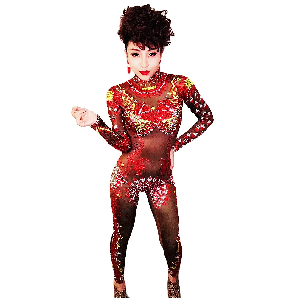 

Pattern Printing Long Sleeve Jumpsuit Rhinestones Backless Rompers Shiny Costume Women Nightclub Dance Show Wear Stage Costumes