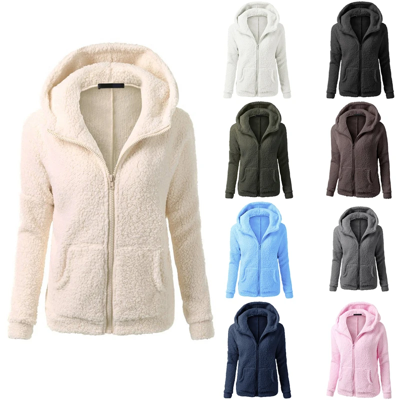 

Winter Autumn Warm Jacket Hooded 2021 S-5XL Casual Female Sweatershirt Coat Solid Soft Fleece Women Coat