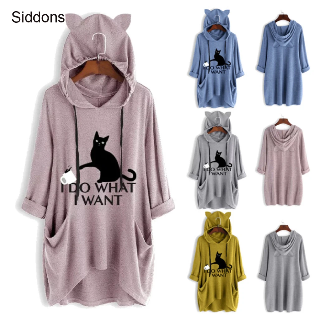 

Oversized Sweatshirt Harajuku Cat Print Top Blouse Women Cute Ears Pockets Loose Hoodies Plus Size Hoody Pullover Sudadera Mujer