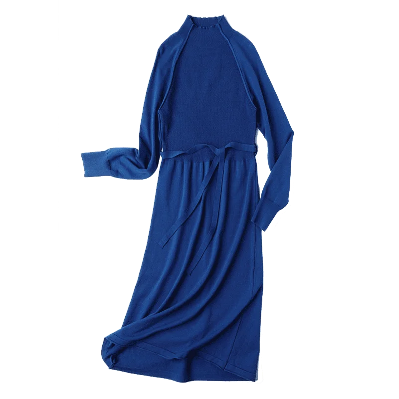 

Women Slim Dress Autumn Winter Lady Elastic Sweater Dress Elegant Long Knit Dress with Belt
