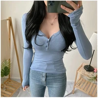2021 new fashion tight sexy v neck large stretch vertical pattern long sleeved t shirt women
