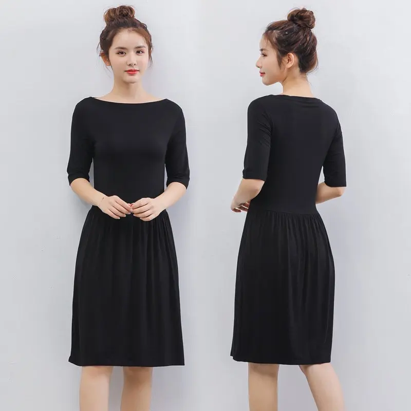 Платье из модала с вырезом лодочкой и коротким рукавом однотонное платье|Женские