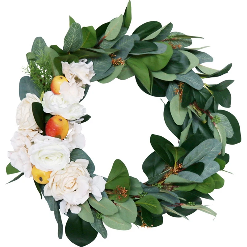 

Artificial Apple Rose Flower Eucalyptus Wreath Thanksgiving Wreath For Front Door Wall Window Wedding Party Decoration