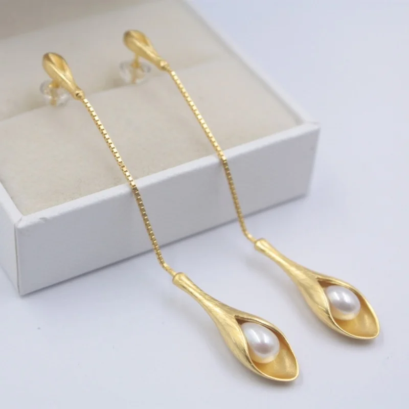 

New Arrival Sterling S925 Silver Natural Freshwater Pearl Perfect Flower Dangle Earrings 14x75mm Women Gift