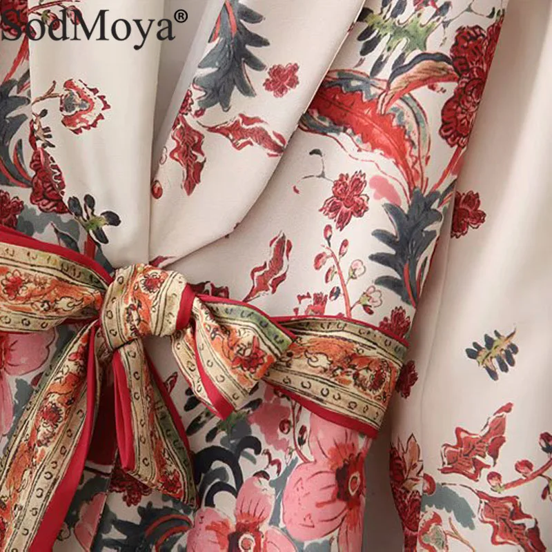 Women Vintage Floral Print Blazer Bow Tie Sashes Long Sleeve Coat Female Rretro Chic Office Wear Outerwear Feminine Tops Jacket|Женские