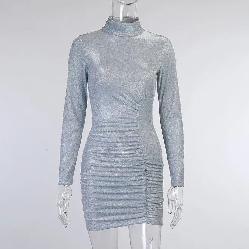 

WJFZQM Glitter Party Dress Women Sexy Stand Neck Bodycon Pleated Dress Vestidos Long Sleeve Ladies Club Party Ruched Dress 2021