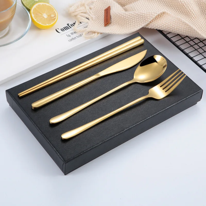 Корейский длинный нож и вилка из нержавеющей стали ложка набор четырех предметов
