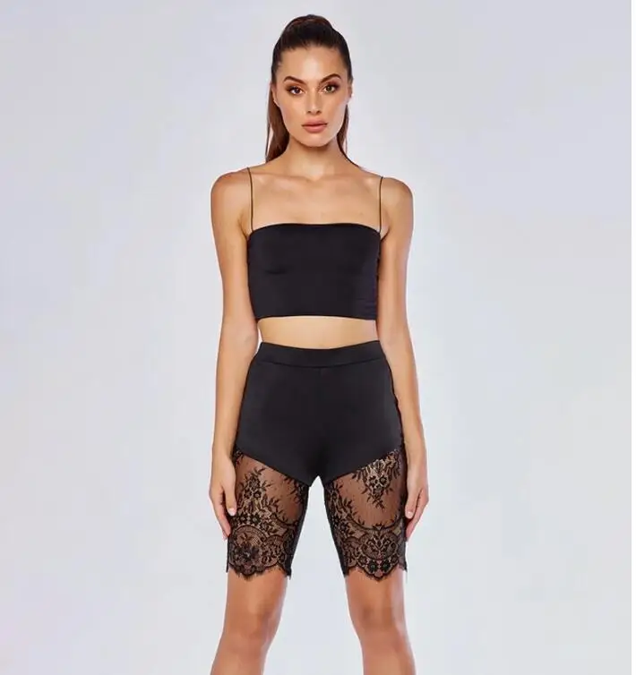 

Женский облегающий комплект из двух предметов, короткий топ и кружевные шорты и брюки, летний костюм, спортивный костюм из двух предметов, ...