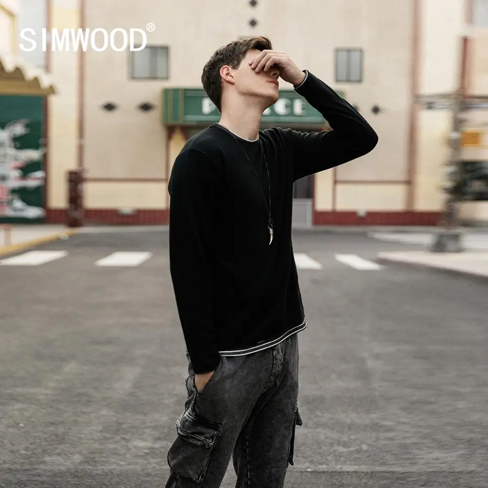 Мужской пуловер SIMWOOD, свитер два в одном с лонгсливом в контрастную полоску, трикотажный пуловер на сезон осень-зима, 584