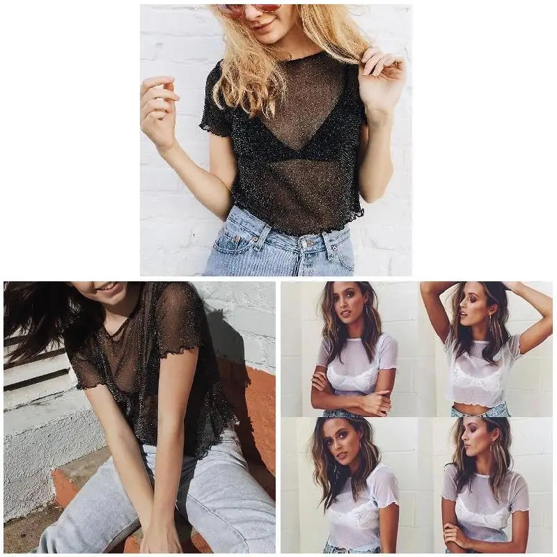 Женские летние футболки с коротким рукавом тонкие сетчатые блестящие свободные