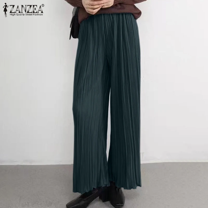 

ZANZEA Vintage Party Palazzo Elegant Solid Pleated Long Pants Women Casual Solid Elastic Waist Trouser Female Wide Leg Pantalon