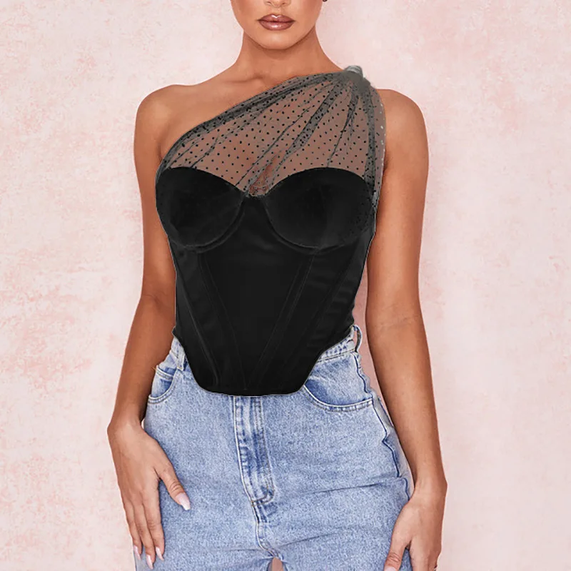 

2020 spring and summer women's new fashion open back single shoulder mesh wave point bra short top