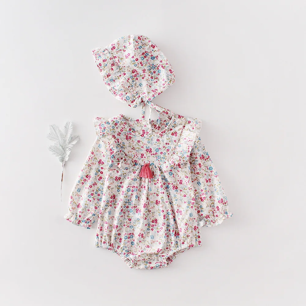 

Sweet Ins Baby Girls Floral Print Cotton Rompers with Hats Spring Summer Classic Fashion Western Toddler Baby Clothes