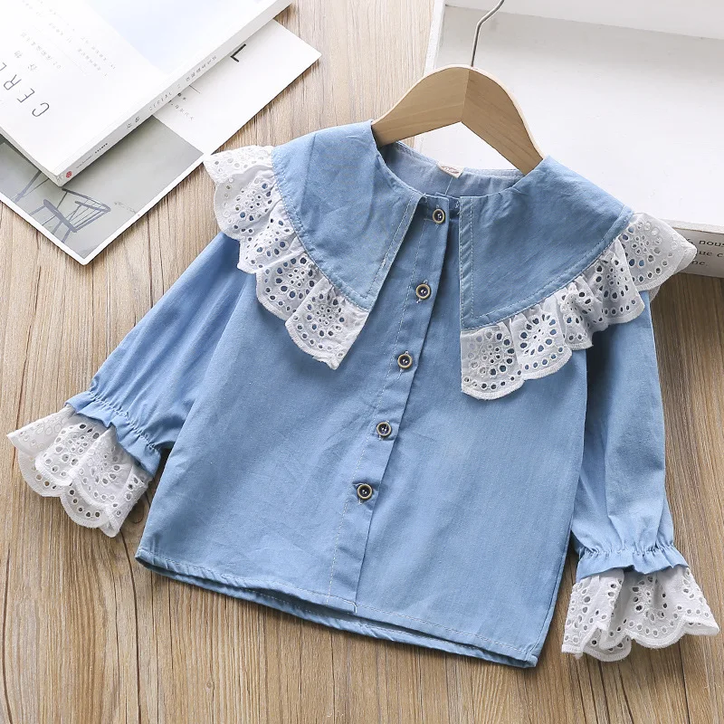 

2-7Yrs New Girls Long Sleeve Lace Denim Blouse Kids Big Turn-down Collar Top Children Spring Autumn Fall Tops Shirt Full Clothes