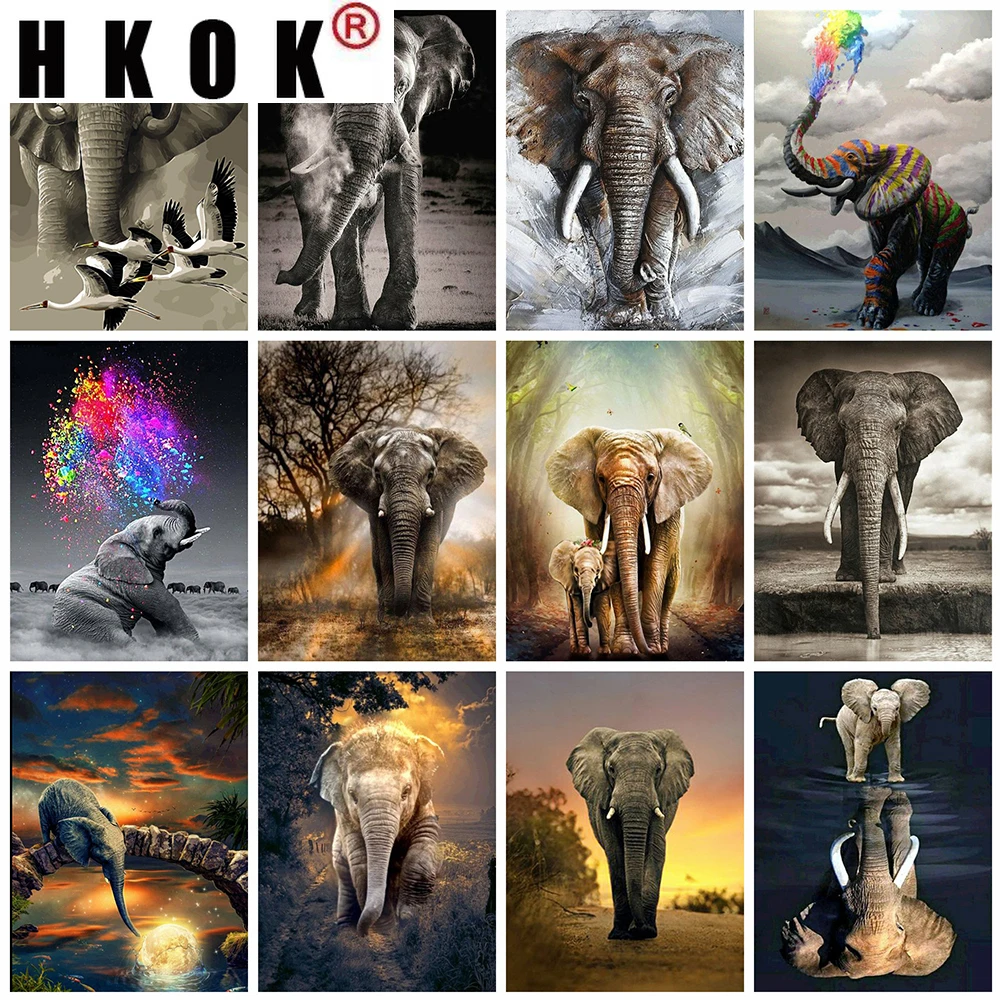 

HKOK 5D алмазная живопись «сделай сам», слон, полностью квадратная Алмазная вышивка, вышивка крестиком, животное, мозаика стразы, искусство, ук...