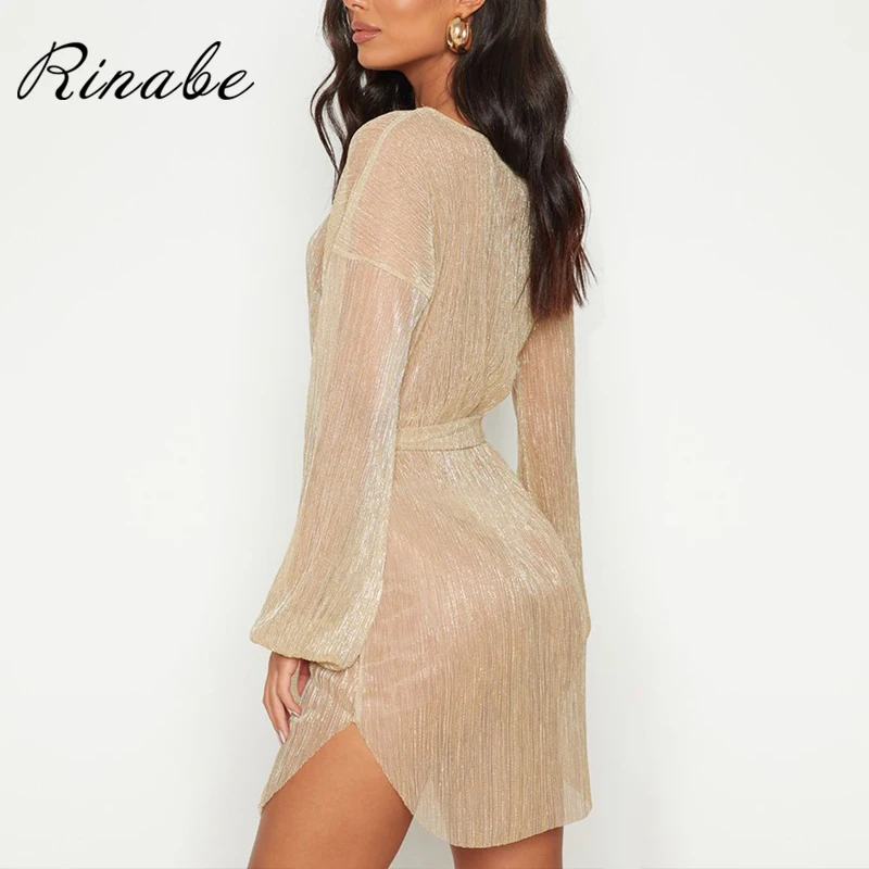 Rinabe Mesh Bikini Cover Up Shiny Party Dress Sash Belt Dresses Long sleeve Beachewear Solid Swimwear Pareos Beach Wear Sundress | Женская