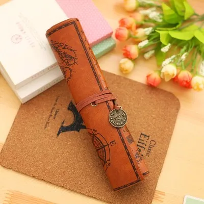 Light Brown Винтажный пенал для карандашей с картой сокровища, роскошный рулон, полиуретановый чехол для ручек, художественная сумка для рисования, для канцелярских принадлежностей - Цвет: Light Brown