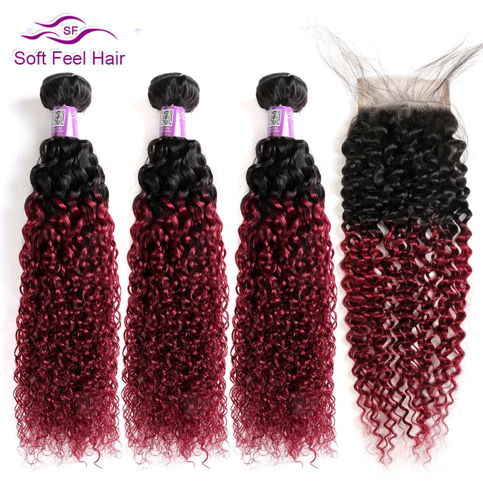 Soft Feel Hair Пучки волнистых волос с закрытием бразильские кудрявые вьющиеся волосы с закрытием Remy Weave человеческие волосы 3/4 пучков с закрытием