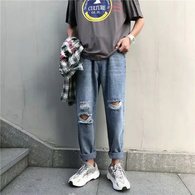 

New Summer Torn Jeans Men's Spring and Summer Korean Version Beggar Pants Straight Leg Slacks Nine Fen Pants Fashion Pants