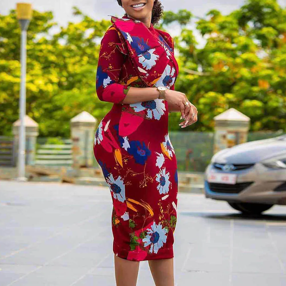 

Dresses Women Vintage Floral Printed Floral Fashion Pleated Office Lady Red Sweet Workwear Elegant Female Midi Dress 2021 Autumn