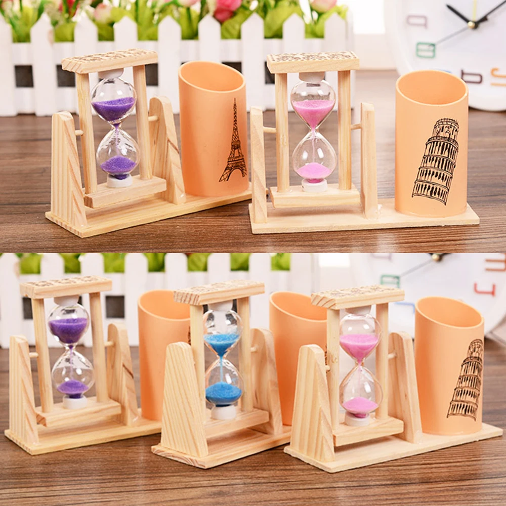 

Creative Desktop timer Rotary hourglass pen container Students office stationery, wooden pens holder gift School organizer.