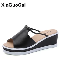summer womens sandals leather wedges female platform shoes mules casual fashion slip on open toe beach footwear high quality