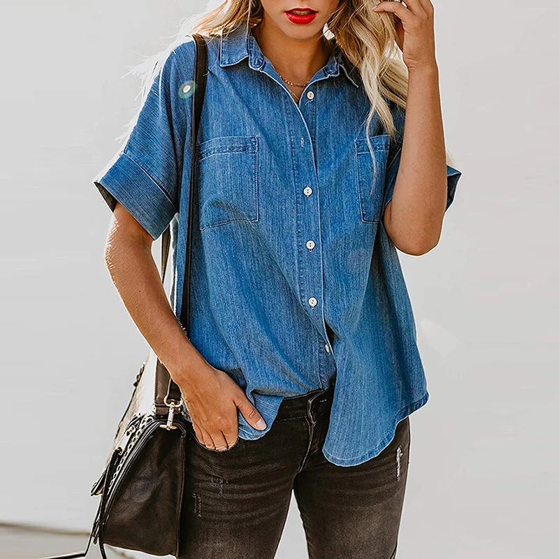 

Блузка женская джинсовая, с коротким рукавом, отложным воротником, на пуговицах