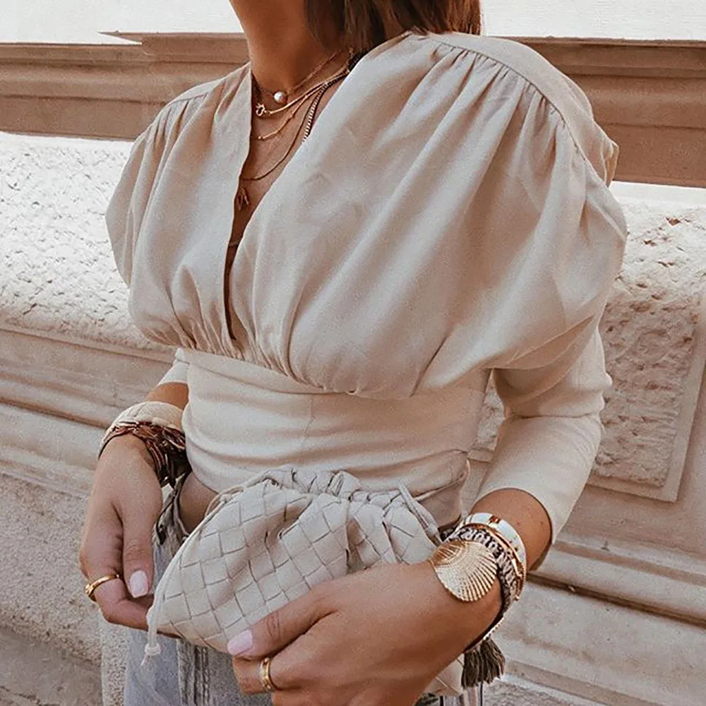 Женская Однотонная рубашка на шнуровке Пляжная с v-образным вырезом и длинным