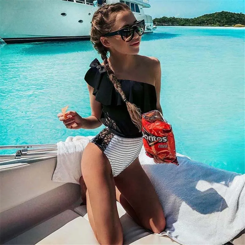 Swimsuit 2020 One Piece Ruffle Swimwear Women Bathing Suit Monokini Summer Shoulder Print Lace Ruched Mesh Swim XL | Спорт и