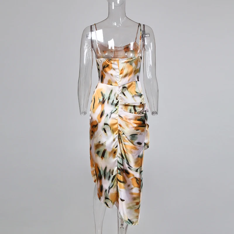 

2020 Women Summer dress Abstract Print Spaghetti Strap High Slit Ruched Dress