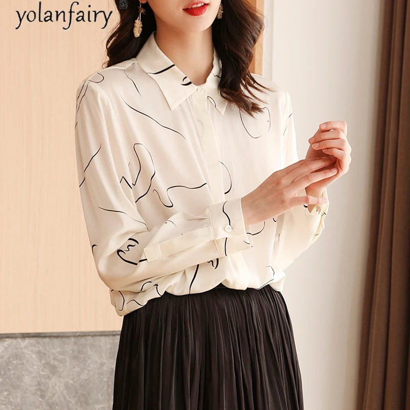 

YOLANFAIRY White Shirt Women Silk Top Female Korean Woman Blouse Long Sleeve Casual Tops Spring Autumn Shirts 2021 Ropa Mujer