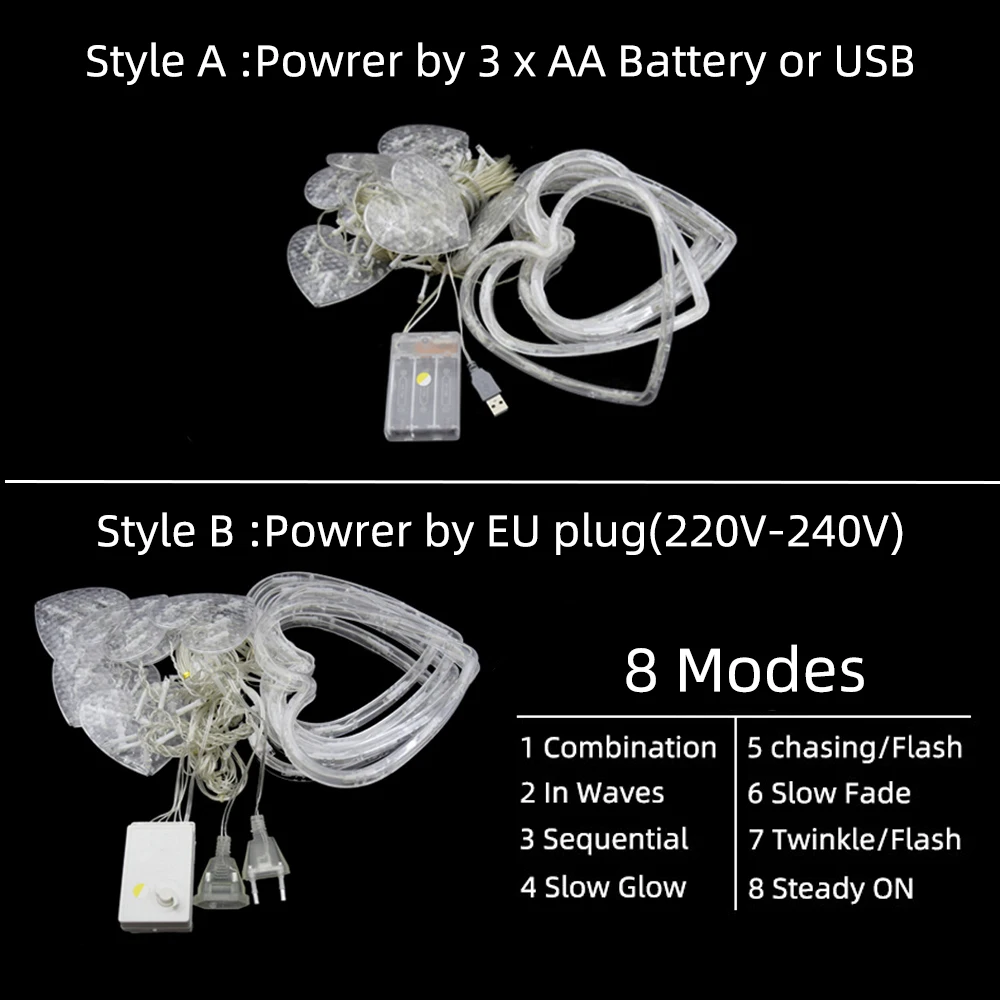 

Christmas USB+Battery/220V Curtain Lights In Heart Shape 2x1.5m Fairy Lights Curtains For Living Room LED Decorative For Bedroom