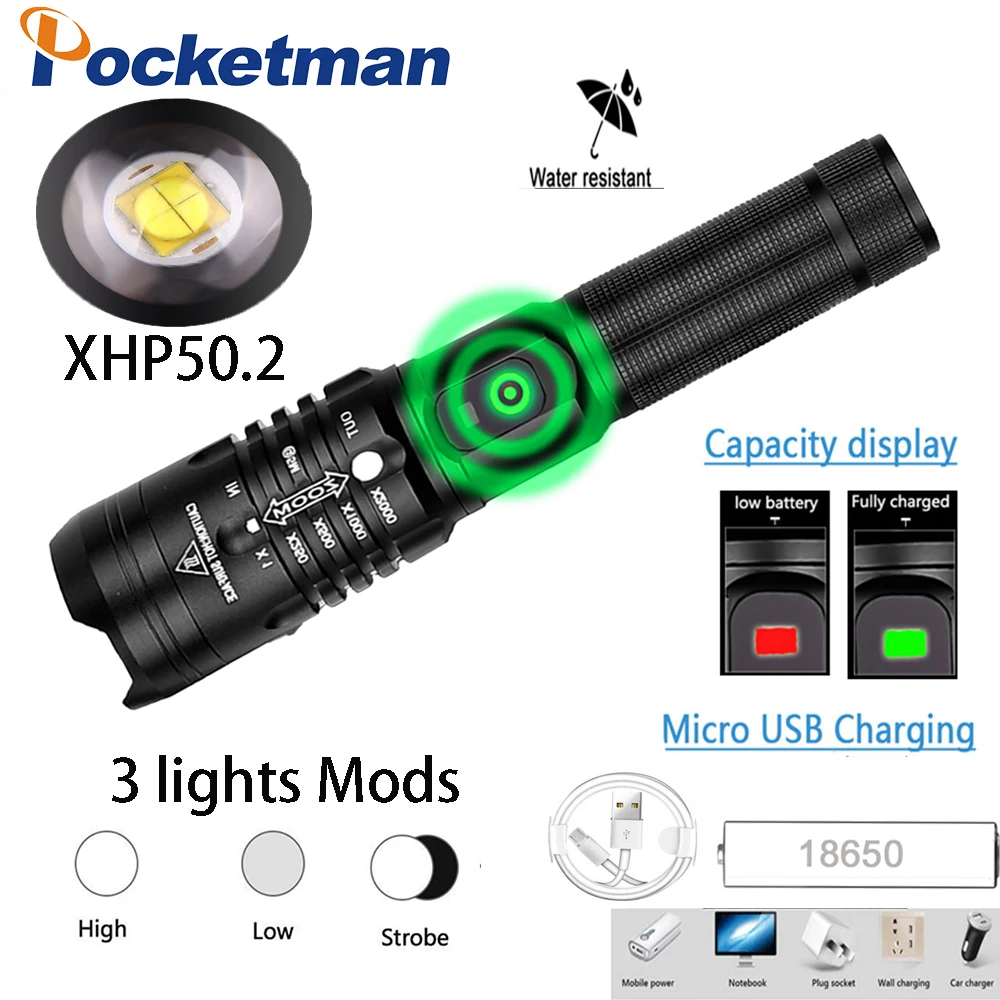 Светодиодный фонарик 6500 лм xhp50.2 мощный с usb зумом фонафонарь батареей 18650 для