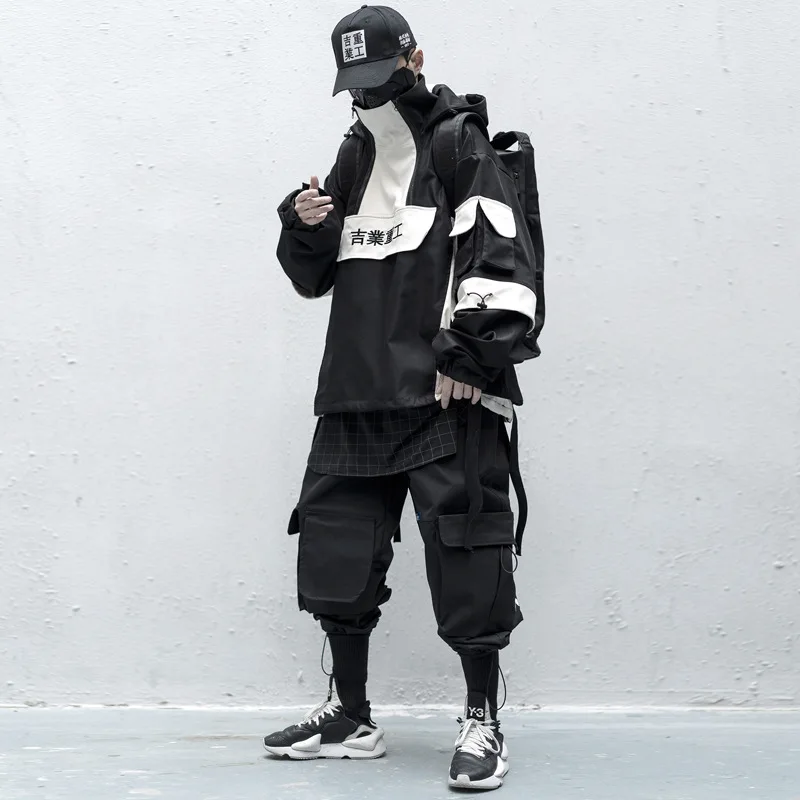 

Patchwork Hip Hop Streetwear Windbreaker Men Hit Block Color Mulit-Pocket Harajuku Japanese Hooded Jackets Coats Oversized Hoody