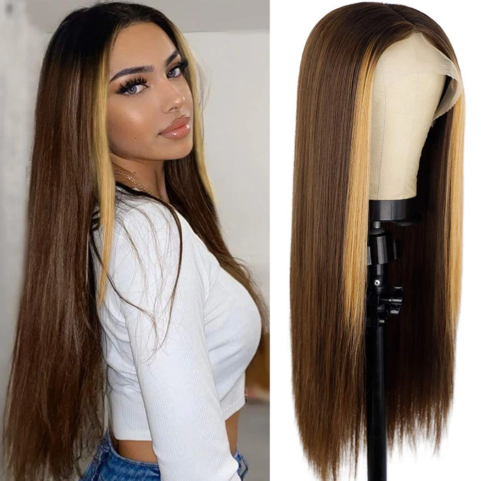 

I's a wig Long Straight Brown T-part Lace Front Wig Ombre Black Brown Synthetic lace Wigs for Women 60 Blonde Red Cosplay Wig