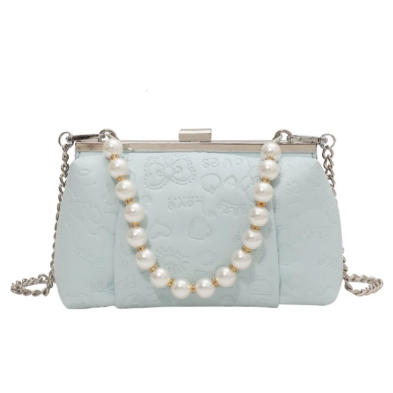 

2021 New Fashion Ladies Hand-held Pearl Chain Bag Shoulder Messenger Underarm Bag Embossed Clip Bag Texture Small Bag Female
