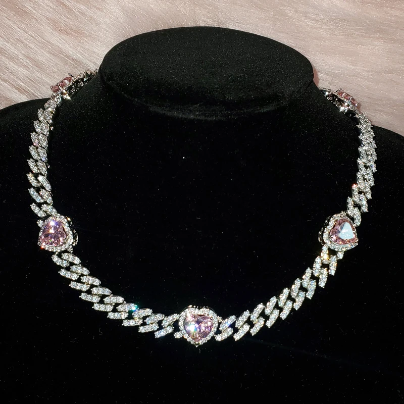 Grandbling Heart Shape 9MM AAAA Zirconia Copper Cuban Chain Heart Choker Necklace for Women Jewelry Gifts