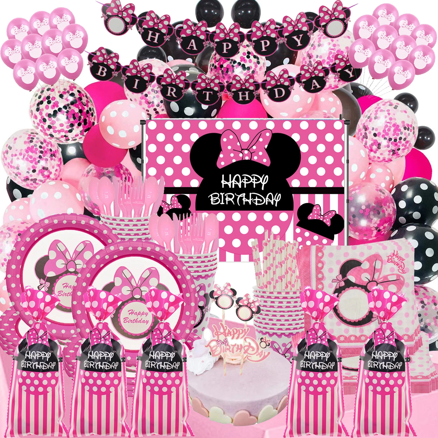 

Набор розовых ушей Минни Маус для дня рождения, украшения, тарелки для салфеток, чашки, шары, одноразовая посуда, товары для будущей мамы