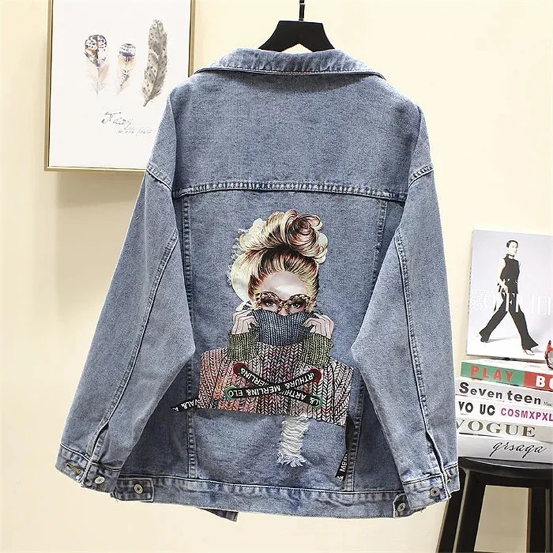 

Streetwear Printing Plus Size Jean Jackets Women Fashion BF Loose Frayed Ripped Denim Coats 2021 Autumn New Oversize Outwears