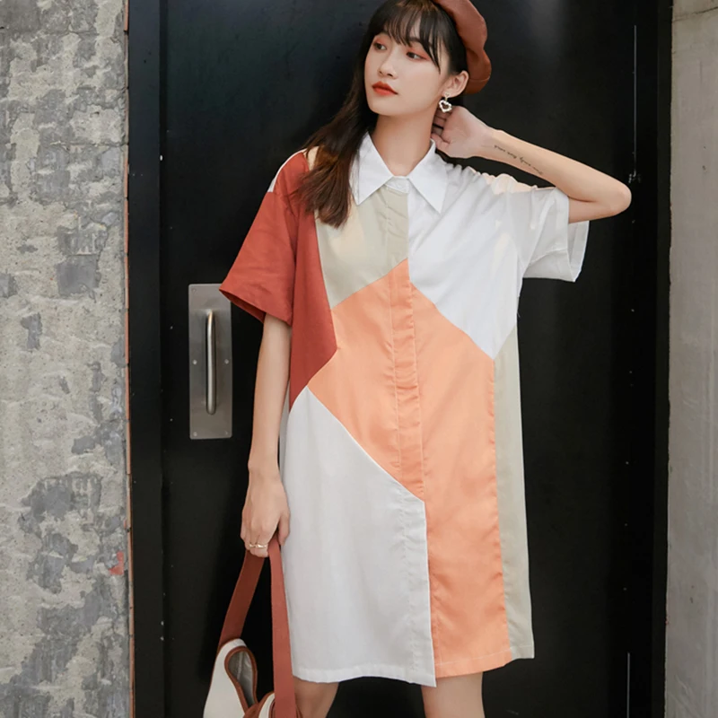 

Women Shirt Dresses Korean New Style Lapel Short Sleeve Button Hit Contrast Patchwork Mid-Long Blouse Dress Summer 2021 Fashion