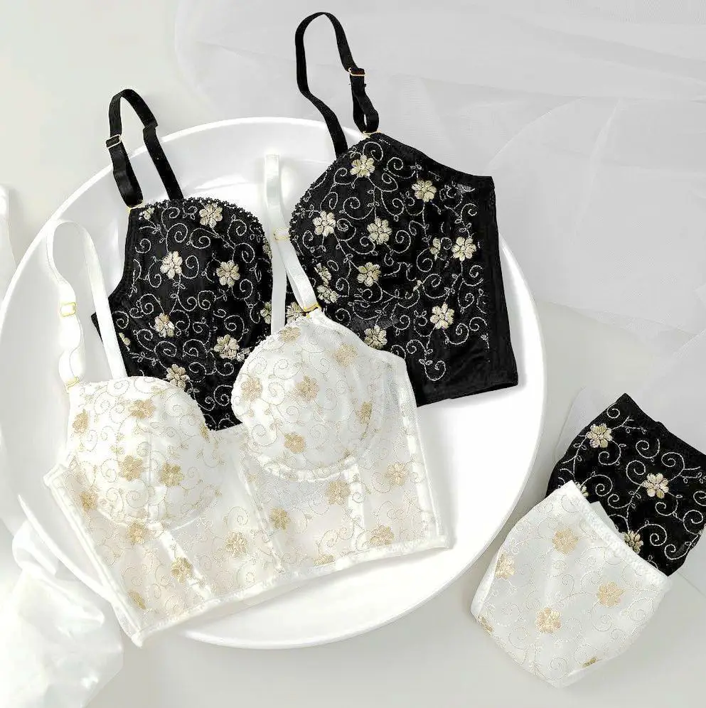 

Кружевной бюстгальтер пуш-ап с французской вышивкой, женский цветочный корсет, комплект нижнего белья на бретелях, бюстгальтеры в дворцово...