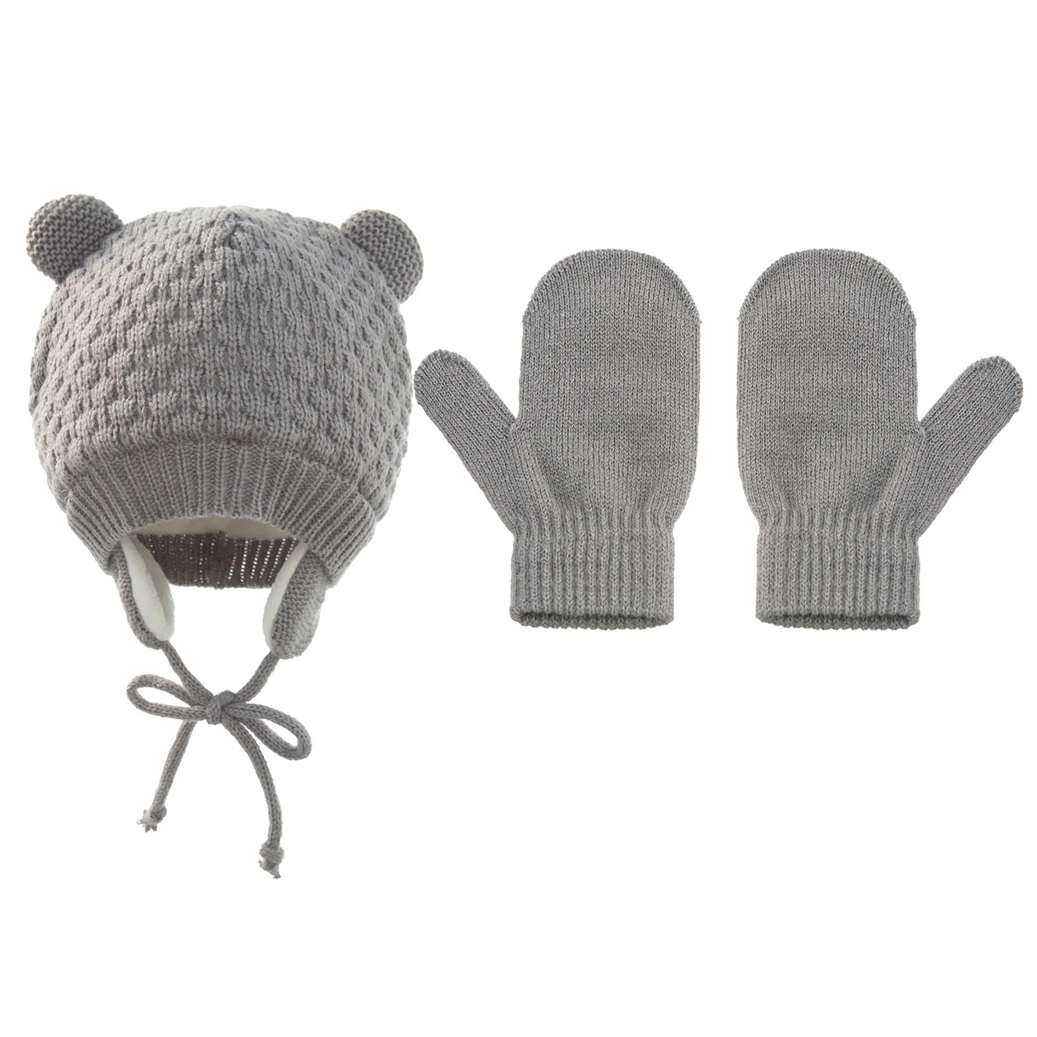 

Baby Kids Girls Boys Winter Warm Knit Hat Plus Velvet Ear Solid Warm Cute Glove 2pcs Lovely Beanie Cap With Hair Ball