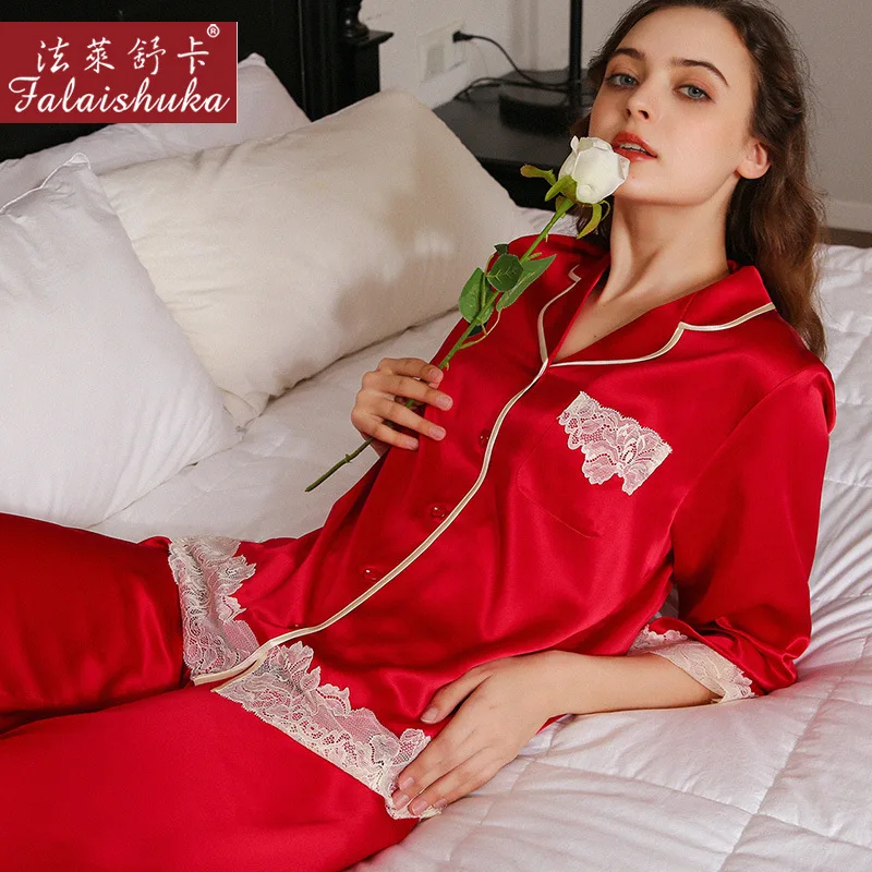 100% Silk Pajamas Sets Women Two Piece Pajama Set Homewears Lady Red Pink 2021 Summer Spring Lady Home Wears Sleepwear