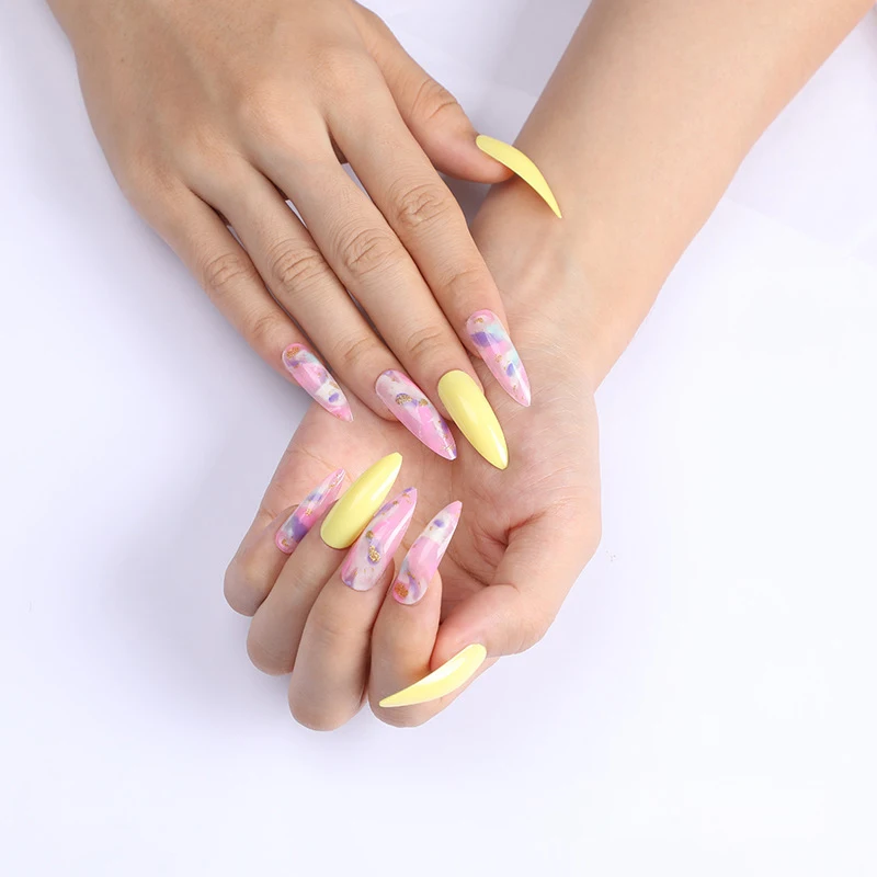 

Luxurious Gold Foil Pastel Rainbow Mixed with Yellow Stiletto Presson Long Fake Nails SM17210705
