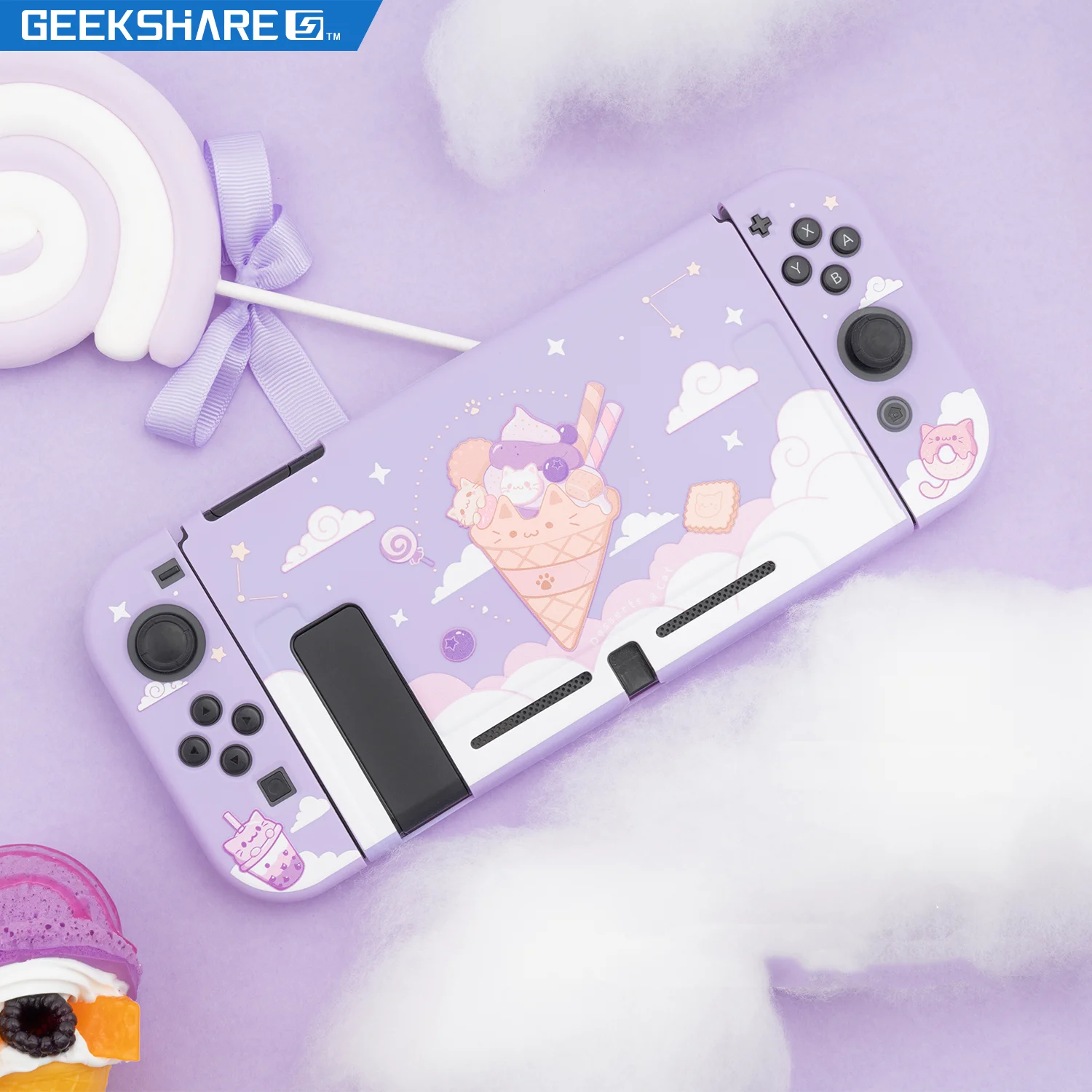 Чехол Geekshare для Nintendo Switch Kawaii мороженое кот мультяшный фиолетовый звездное мягкий