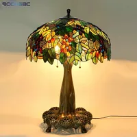BOCHSBC Tiffany Table Lamps Grape Wisteria Vival Cherry Stained Glass Desk Light Cast Copper Antique Hollow Out 22Inch Frame