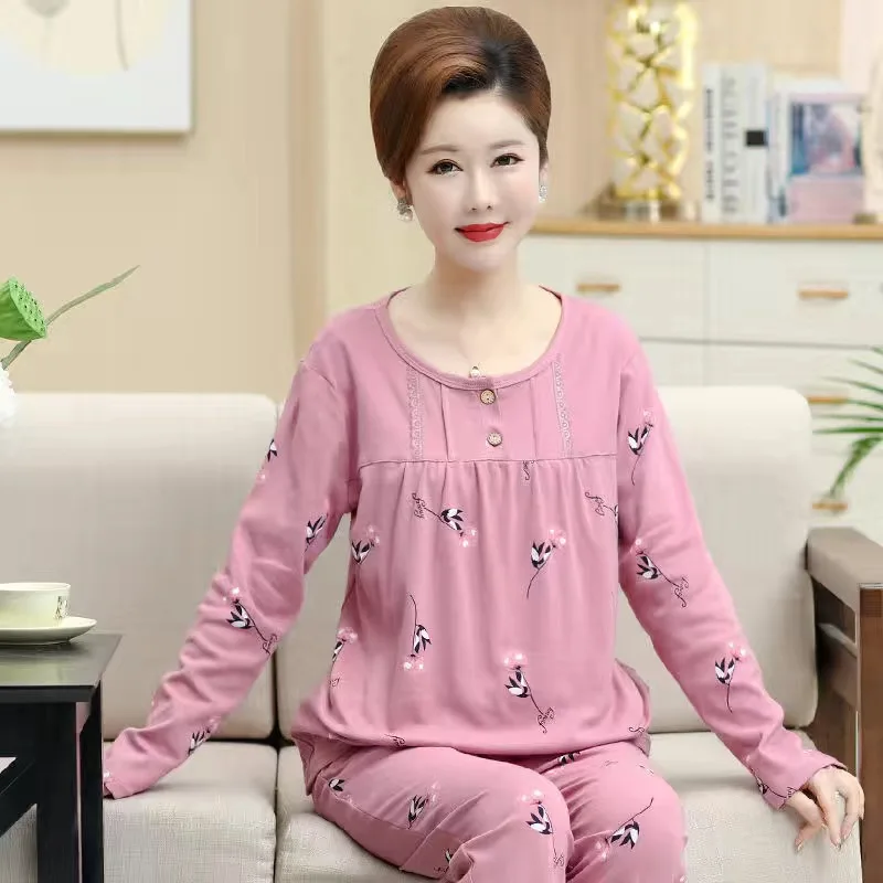 Fdfklak Pyjama Pour Femme New Print Sleepwear Women's Cotton Pajamas Long Sleeve Spring Middle Aged Mother Home Suit 12 Style